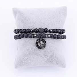 Lisandra Scott Double Bracelet Made of Volcanic Rock with Lion Head and Natural Stone Beads for Men Made of Stainless Steel I Bracelet Adjustable with Lion and Beads Bracelets Men Jewellery, Stainless