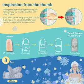 Kingwee Thumb Shower Curtain Clips, Shower Splash Guard Holders, Bathtub Curtain Liner Clips for Windproof & Splash Water (Clear-8 Pack)