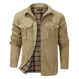 Flygo Mens Flannel Lined Shirt Jacket Lightweight Snap Button Western Jacket Rugged Outdoor Cowboy Shirts Jackets(Khaki-M)