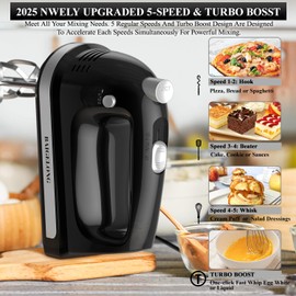 BAIGELONG BAIGELONG Hand Electric Mixer, 300W Ultra Power Food Kitchen Mixer with 5 Self-Control Speeds + Turbo Boost, 5 Stainless Steel Attachments Handheld Blender for Baking, BLACK