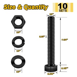 Mywish (10 Sets) 1/4-20 x 1-3/4" Hex Head Stainless Steel Bolts and Nuts with Flat & Lock Washers, 304 Stainless Steel 18-8, Black Oxide, Fully Threaded, 1/4 Bolt, Black Oxide