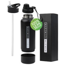 Maximize Within Double Wall Stainless Steel Water bottle with Dual lids (Straw & Spout) Hidden Compartment, Vacuum Insulated, Reusable. Black. 32 oz