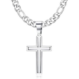 HAIAISO 925 Sterling Silver Polished Beveled Edge Cross Pendant Necklace for Men Women 5mm Stainless Steel Diamond-Cut Figaro Cross Chain Necklace 30 Inches