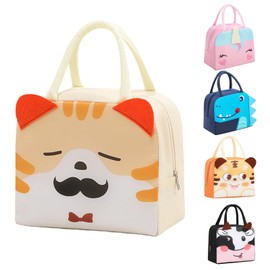 FANGCCC Children's Lunch Bag, Cool Bag, Small 3D Cartoon Lunch Bag, Small Cooler Bag with Aluminium Foil, Portable Lunch Bag, Cool Bag, Foldable Insulated Bag for Lunch Box, Kettle (Beige Cat)