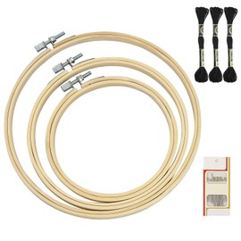 Round Embroidery Hoop Set, Embroidery Hoop, 3 Adjustable Cross Stitch Ring, Embroidery Hoop 20 cm, Large Embroidery Hoop, Wood, Cross Stitch Ring, Bamboo Embroidery Hoop, with 16 Sewing Needles + 3