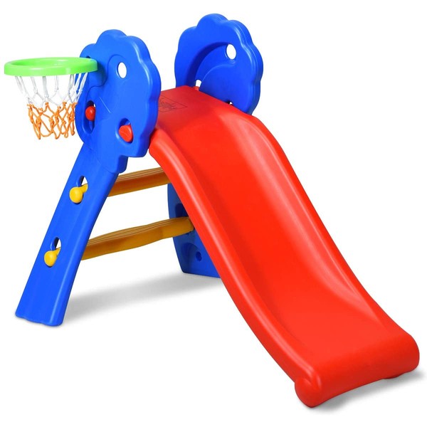Baby Joy Folding Slide, Indoor First Slide Plastic Play Slide Climber Kids (Floral Rail +Basketball Hoop)