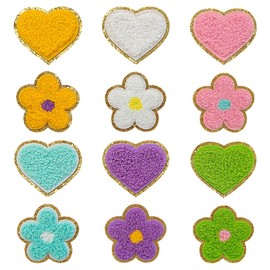 AXEN 12PCS Chenille Heart and Flower Patches Set, Iron on Colorful Love Hearts and Flower Patches Glitter for Clothing Jacket Backpack Pants Hat and More