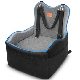 Elevated Dog Car Seat, Booster Car Seat for Small/Medium Sized Dog Fits in Front/Back Seat, 6 Inch Memory Foam, 3 Storage Pockets & 3 Safety Belts, Detachable Washable Puppy Carrier for Travel