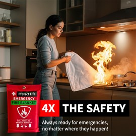Protect Life Emergency Fire Blanket for Home & Kitchen, 40" x 40" Fiberglass Flame Retardant Fabric for Cooking & Clothing Mishaps, Fire Blankets Emergency for Home Safety, Camping & More (4 Pack)