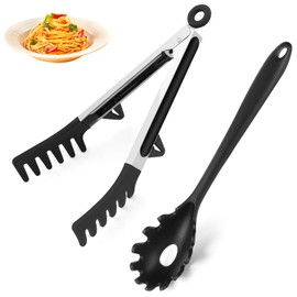 HEBEILF Upgraded Silicone Spaghetti Spoon and Pasta Tong Set – Sturdy Pasta Fork with Teeth, Noodle Spoon Server, and Multi-Purpose Tongs for Cooking and Serving