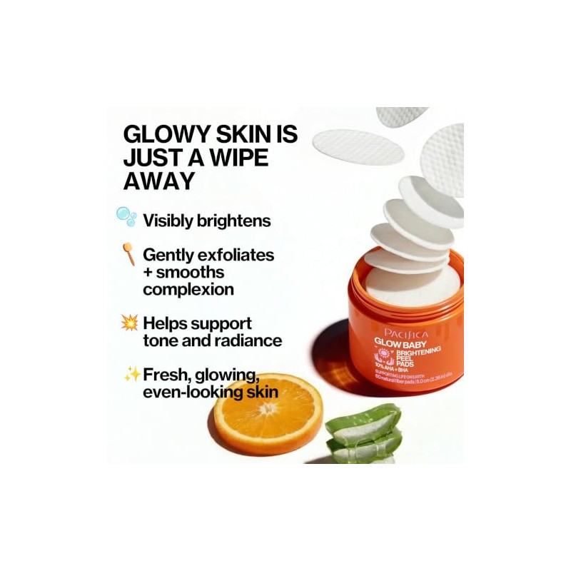 Pacifica Glow Baby 10% AHA/BHA almohadillas de pelar iluminadoras, blanco,