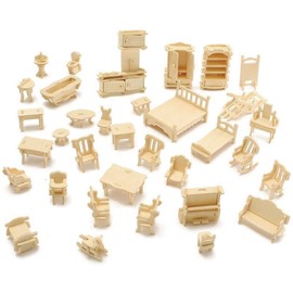 Wooden Miniature Furniture Set, Dollhouse Easy Assembly Kit, No Tools Required, Pretend Play, Small Furniture (Beige)