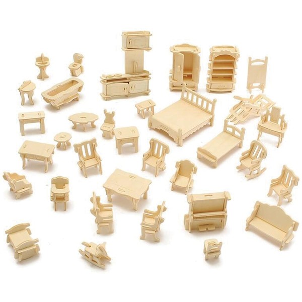 Wooden Miniature Furniture Set, Dollhouse Easy Assembly Kit, No Tools