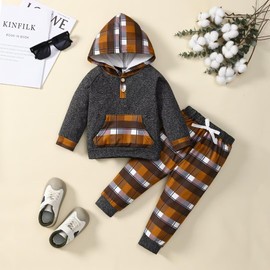 Tepuce 4T Boys Clothes Toddler Little Boys Fall Winter Outfits Long Sleeve Plaid Button Hooded Sweatshirt Clothing Sets, Toddler Boy Outfits Khaki 4-5T