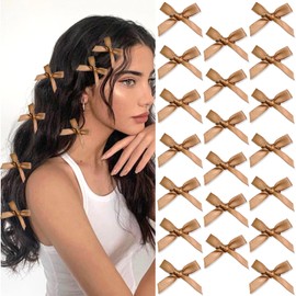 SAWINDA 20PCS Brown Mini Hair Bows Small Bowknot Ribbon Barrettes Cute Bow Clips for Girls Teens Metal Alligator Clips Kawaii Hair Clips Accessories for Thick Thin Hair