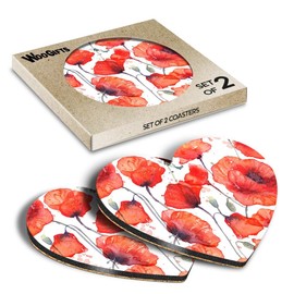 2 x Heart Coasters - Watercolour Red Poppy Flowers Poppies Cork Backed MDF Glossy Tea Coffee Accessory #52421
