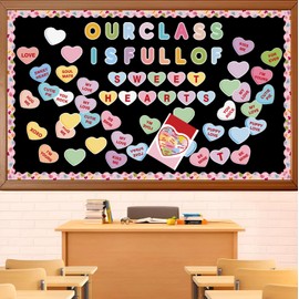 Valentine's Day Conversation Heart Bulletin Board Set，Sweethearts Themed Name Tags Cutouts Bulletin Board Decorations, School Classroom Chalkboard Wall Decor Valentines Party Supplies