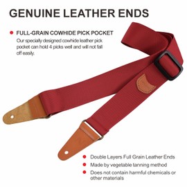 Nefelibata Guitar Strap with Pick Pocket, Vintage Nylon Full Grain Leather Ends Guitar Straps for Bass, Electric & Acoustic Guitar, Free Strap Button, Strap Locks and Guitar Picks (Tomato Red)