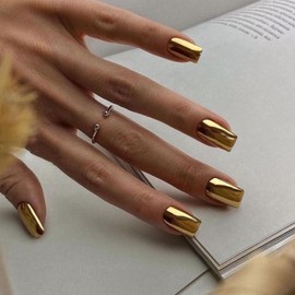 Light Gold Chrome Press on Nails Short Medium Square, KQueenest Mirror False Acrylic Nails Press Ons, Metallic Fake Nails Short, Cute Glitter Stick on Nails for Women Birthday Party Decoration 24 Pcs