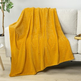 PAVILIA Super Soft Fleece Throw Blanket Yellow Mustard, Luxury Fuzzy Plush Flannel Throw, Warm Cozy Ribbed Microfiber Blanket for Sofa Couch Bed, Lightweight Striped Blanket, Yellow, 50x60