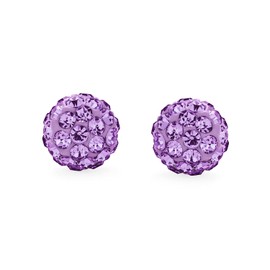Light Purple Lavender Pave Crystal Disco Ball Stud Earrings for Women - Round, Simple, Basic Design - .925 Sterling Silver - 8MM