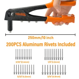 Meiwaltee Blind Riveter Set 4-in-1, Riveter Set with 200 Rivets in 4 Sizes 2.4 mm - 3.2 mm - 4.0 mm - 4.8 mm, Durable and Suitable for Metalwork, Automotive and Other Common DIY Projects
