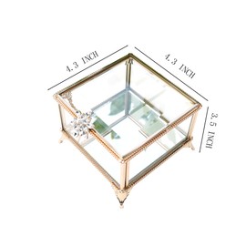 DHCGPP Rectangular Vintage Glass Jewelry Box with Hinged Lid, Jewelry Ring, Bracelet, Souvenir Metal Display Box, Transparent Storage Box.(4.3x4.3x3.5Inches)