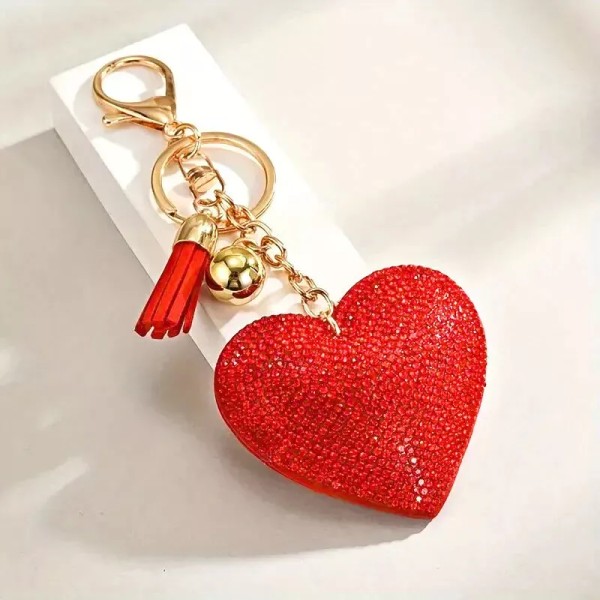 Big HEART Rhinestone TASSEL Gold Clip On KEY RING Red