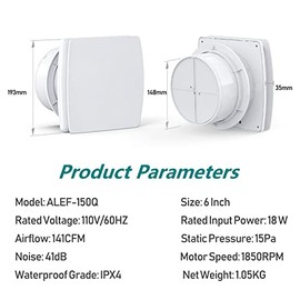 Ventilador de escape de 18 W, extractor de ventilación antirreflujo, válvula de retención de ventana y ventilador de ventilación de montaje en pared para cocina, baño, invernadero, garaje, 141 CFM (6 pulgadas/110 V/blanco)