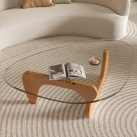 Mid-Century Modern Coffee Table - Triangle Glass Top Natural Wood Base Triangle Coffee Table for Living Room Patio Office Abstract End Tables (Raw Wood/Transparent, Small 32.2 * 22.4 * 16in)