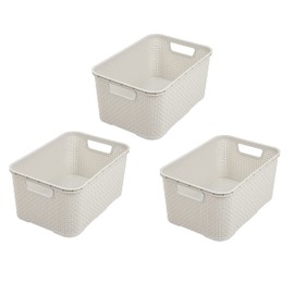 BranQ - Home essential Set of 3 Plastic Rattan Baskets made of Polypropylene, Cream, Size M (10 Litres)