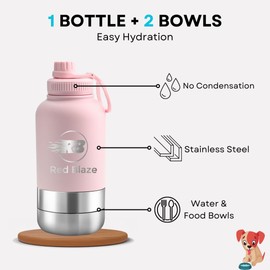 RB Red Blaze 3-in-1 Stainless Steel Pet Food Feeder & Insulated Vacuum Portable Dog Water Bottle - Travel Ready, 34oz (Red)