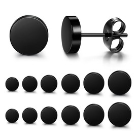 Kakonia Black Stud Earrings for Men Women Stainless Steel Mens Earrings Hypoallergenic Round CZ Square Black Earring Studs Set 6 Pairs 3mm-8mm-disc
