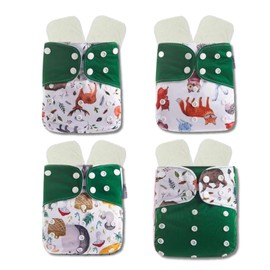 KaWaii Baby Reusable Cloth Diaper Bundle- 4 Printed Snap + 8 Premium Diaper Inserts One Size Adjustable Newborn to Potty Trained Toddler - Winter Wonderland