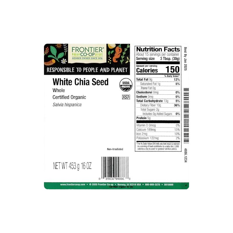 Frontier Bulk Chia Seed, White Whole, Organic, 1 Pound