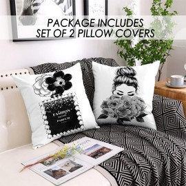 HSINYA 18x18 Black White Throw Pillow Covers Fashion Women Girls Bed Decorative Pillow Covers Bling Black Perfume Grey Flowers Sofa Couch Pillow Covers Square Velvet Pillow Cases Set of 2(Black White)