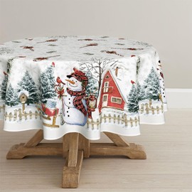 Horaldaily Christmas Tablecloth 70×70 Inch Round, Winter Snowman House Christmas Trees Whirte Washable Table Cover for Party Picnic Dinner Decor