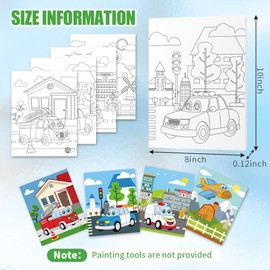 RIJEFUL 4 Pcs Car Theme Pre Drawn Canvas for Painting for Kids Boys Girls，8" x 10" Pre Printed Cute Canvas for Kids, Canvas Panels Paint Art Set for Painting Party Favor Activities