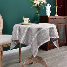 NEWISHER Rustic Farmhouse Embroidered Small Square Tablecloth Jacquard Striped Table Cloth Linen Washable Fabric Side Table Cover Kitchen Dining Home Decoration Coffee 90×90 cm