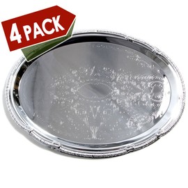 Maro Megastore (Pack of 4) 17.7-Inch x 12.9-Inch Oval Shape Chrome Plated Serving Tray Plate Food Art Decor Floral Pattern Engraved Holiday Party Buffet Wedding Birthday (X-Large) T125xl-4pk