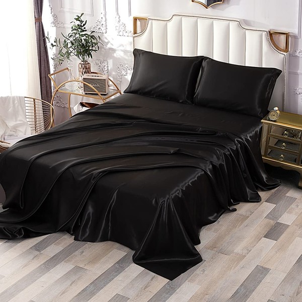 Sfoothome 4 Pcs Silky Satin Sheets Set Queen Size - Extra Deep Pocket Sheet Sets - Wrinkle & Fade Free - 1 Deep Pocket Fitted Sheet, 1 Flat Sheet, 21 Pillowcases (Queen, Black)