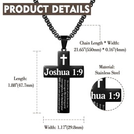 Aroncent Stainless Steel Cross Necklace: Joshua 1:9 Bible Verse Be Strong and Courageous Black Christian Faith Pendant - Adjustable Religious Easter Gift