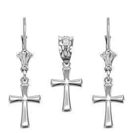 Claddagh Gold Religious Jewelry Rounded Mini Cross Charm Pendant and Earring Set in Sterling Silver