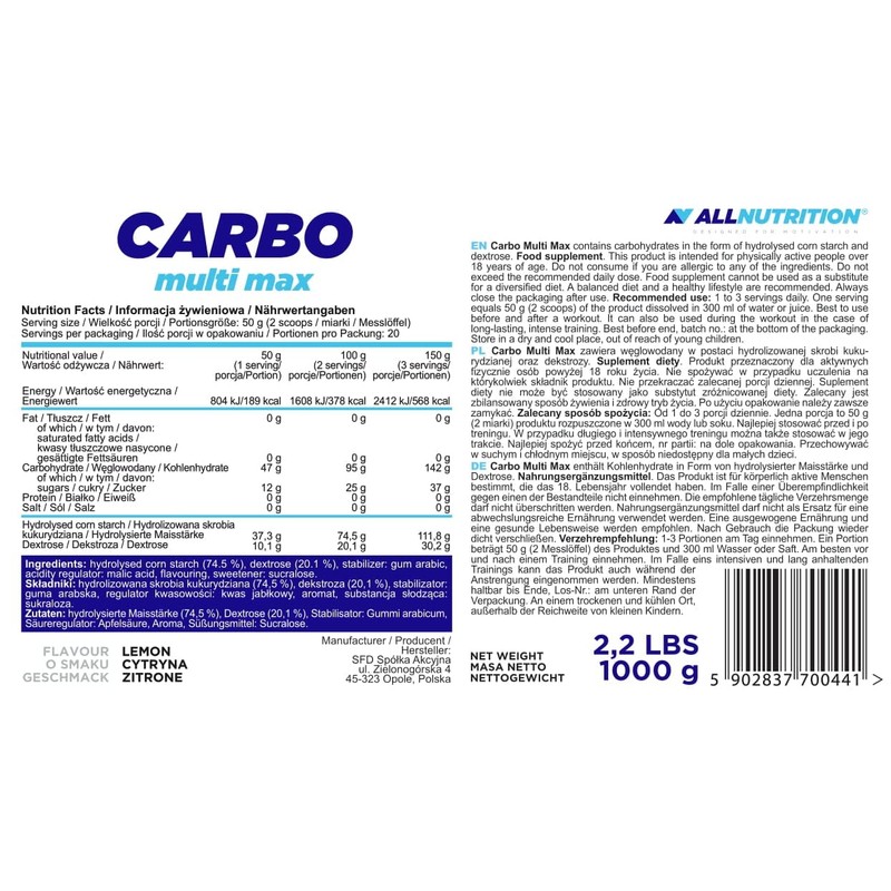 Allnutrition Carbo Multi Max, Lemon, 1000g