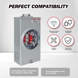 200 Amp Meter Socket, 1 Phase 4 Jaw, 600V 3 Wire Ringless Type, with Horn Bypass Meter Cover Plate, Suitable for Overhead/Underground Feed