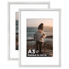 KINLINK A3 Picture Frame Silver Set of 2, Wooden Photo Frames Matted A4 with Plexiglass for A4 with Mat or A3 without Mat for Wall Display