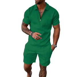 UOUA Mens Short Sets 2 Piece Summer Casual Outfits Polo Short Sleeve Shirts & Shorts Track Suit Jogging Loungewear Green M