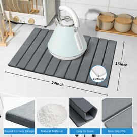 Stone Dish Drying Mat, 24"x16" Dish Drying Mat for Kitchen Counter, Large Collapsible Stone Drying Mat, Foldable & Absorbent Dish Drainer Mat for Dishes and Cups(Grey)