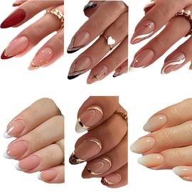 6 Packs (144 Pcs) French Tip Press on Nails Medium Almond Fake Nails Full Cover False Nails with Design Glossy Glue on Nails in 12 Sizes Fake Nails Kit Reusable Artificial Stick on Nails for Women