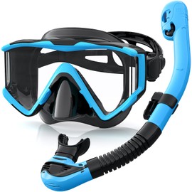 Greatever Snorkel Set Pano 3 Window Snorkel Mask Adult, Panoramic Wide View, Anti-Fog Scuba Diving Mask, Anti-Leak Snorkel Goggles Dry Top Snorkel, Professional Snorkeling Gear for Adults